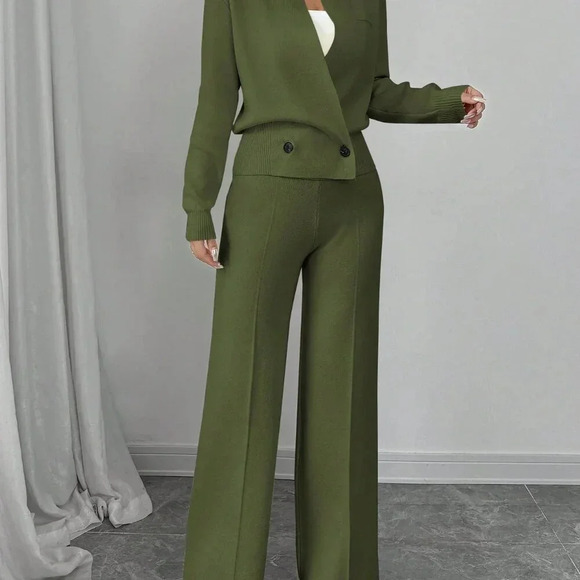 Green Elegant Women's Loose Long Sleeve Crew Neck  Knit Sweater & Suit Pants Set - Picture 4 of 8